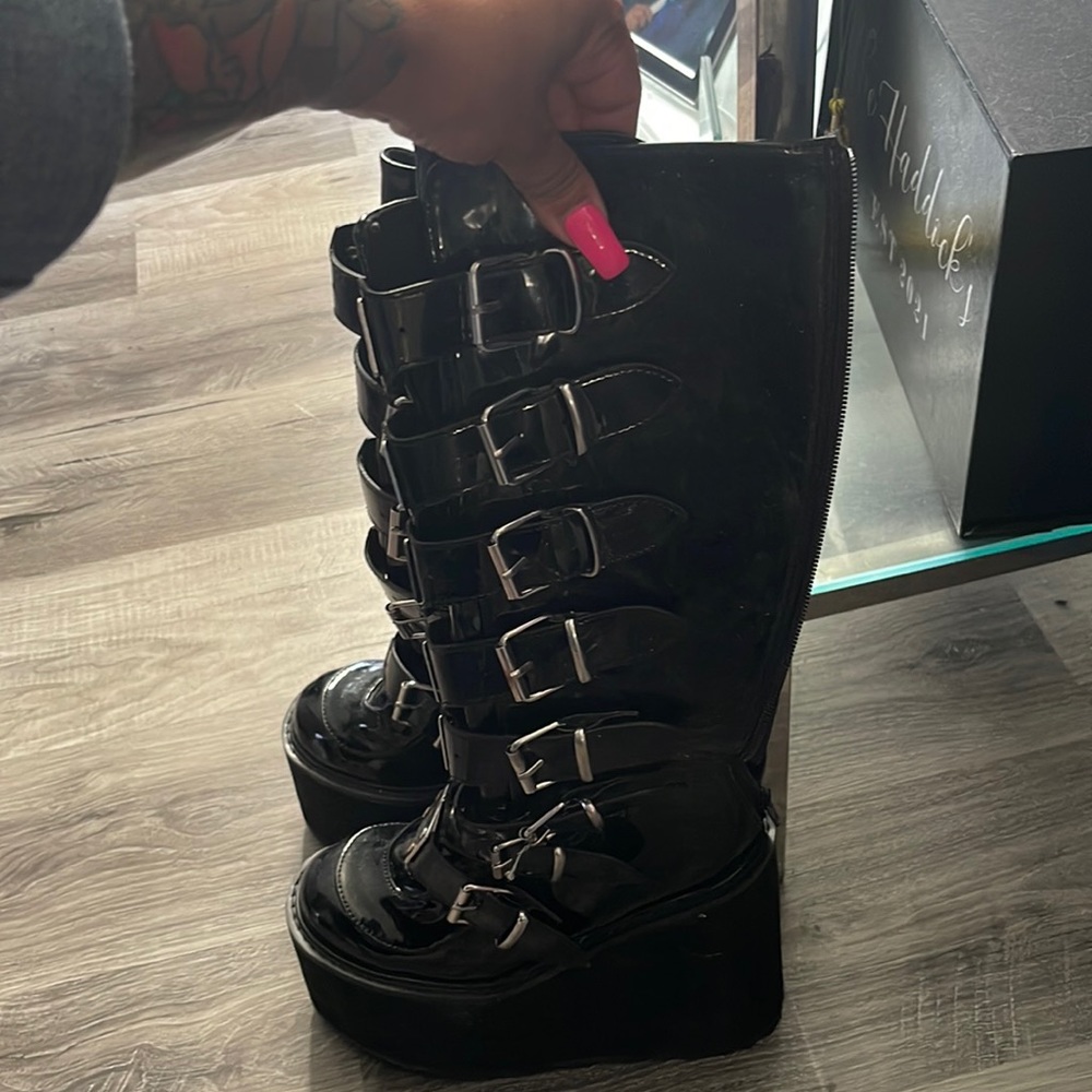Demonia Metal Buckle Patent Leather Boots